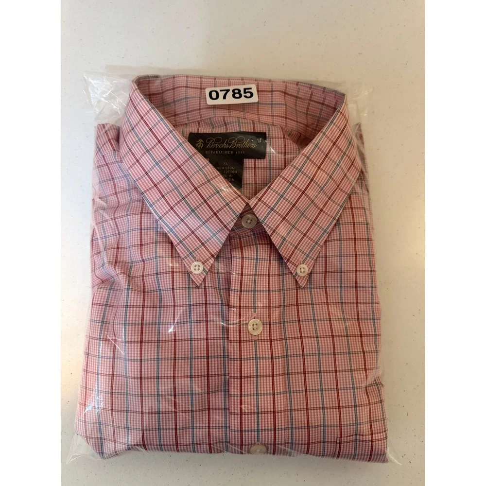 Brooks Brothers Button Down Shirt Mens XL Pink Non-Iron Plaid Long Sleeve